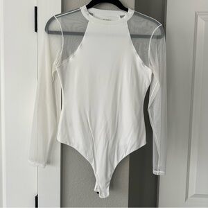 Pumiey White Sheer Sleeve Bodysuit